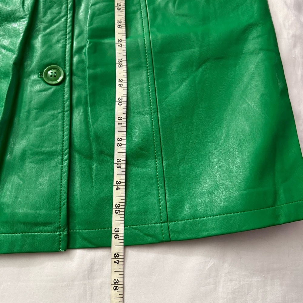 Green faux leather single breasted removable faux fur on collar trench coat - Picture 12 of 13